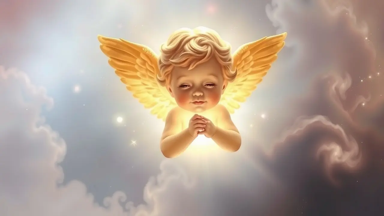 Querubim com asas douradas em luz branca suave