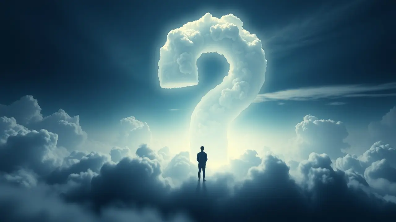 Pessoa diante de uma interrogação de nuvens, sonho com questionamento.