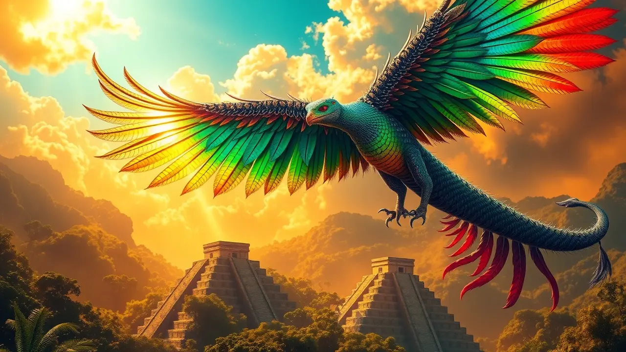 Quetzalcoatl serpente emplumada voando.