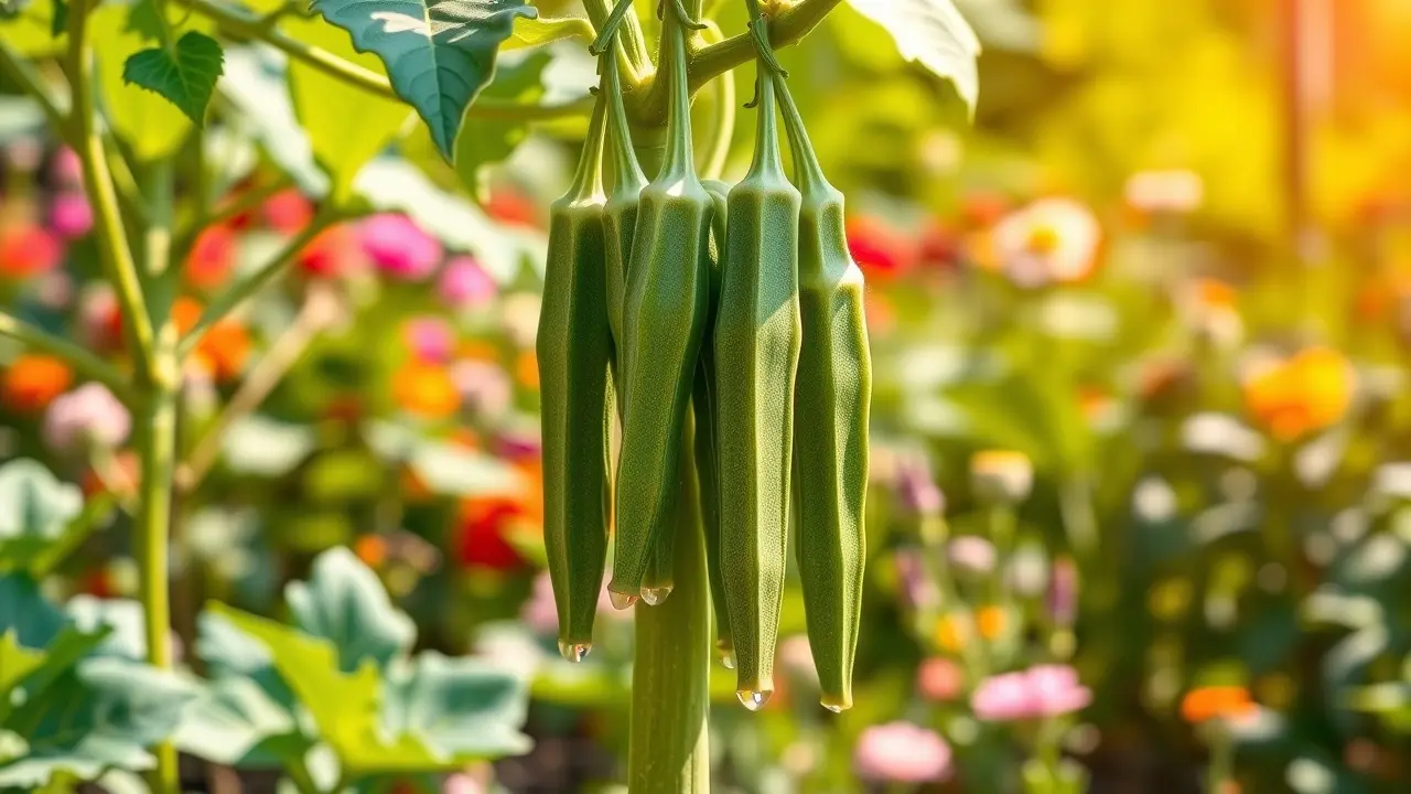 Plantação de quiabo verde e abundante