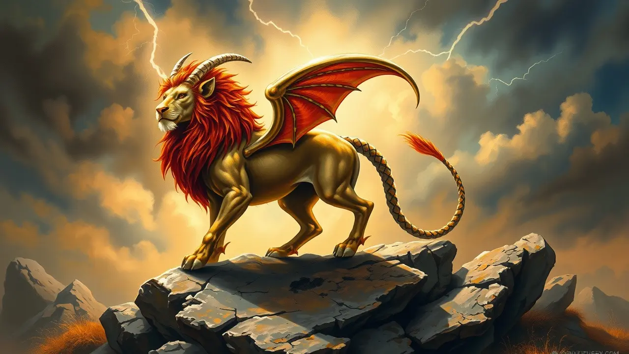 Sonhar com Quimera: Desvende os Significados Ocultos Quimera mitológica em paisagem rochosa.