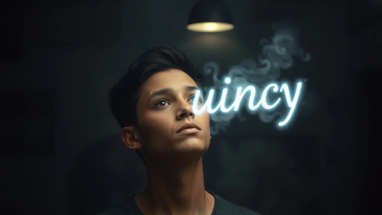 Pessoa olhando para o nome Quincy flutuando, sonho.