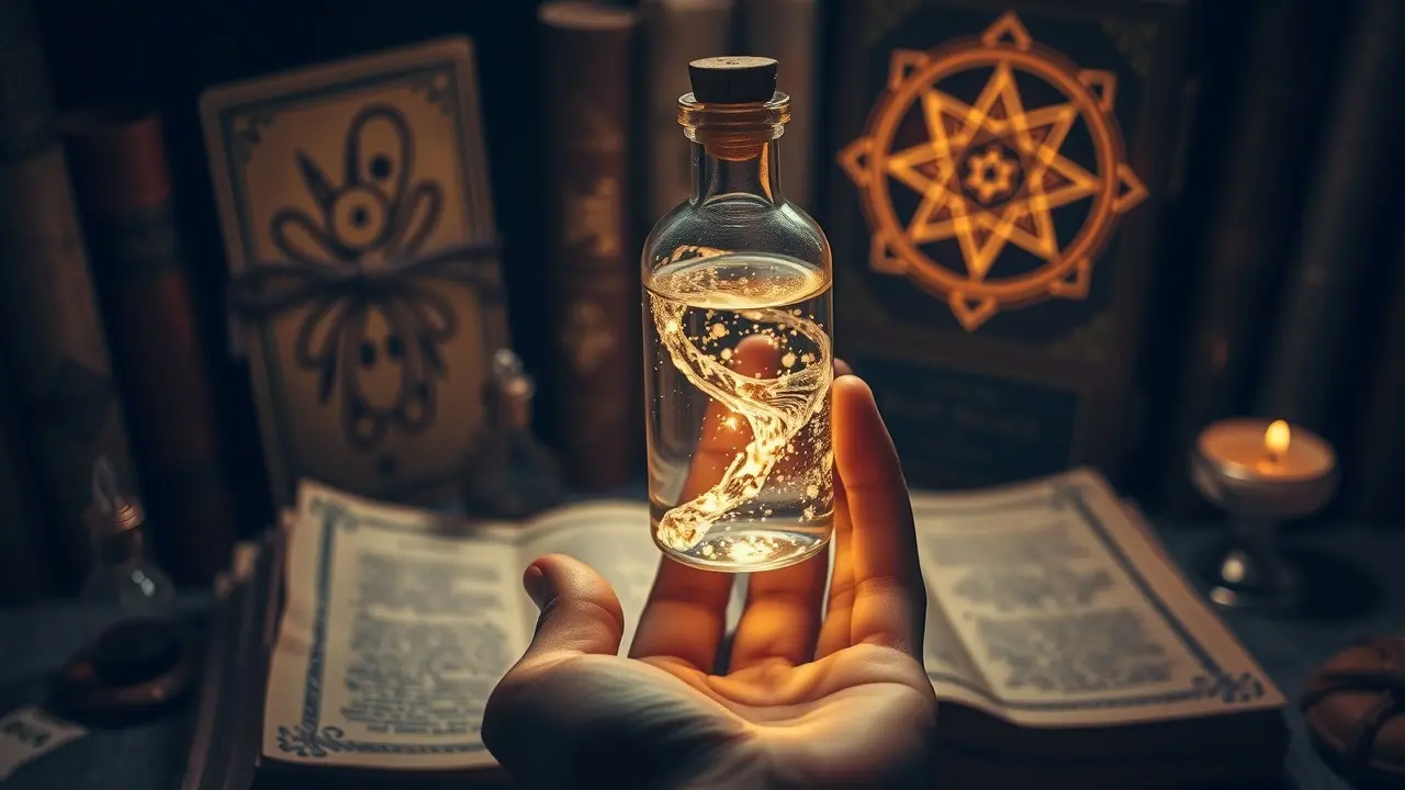 Quintessência brilhante em frasco alquímico