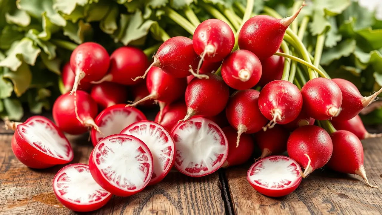 Rabanetes frescos em cima de uma mesa de madeira