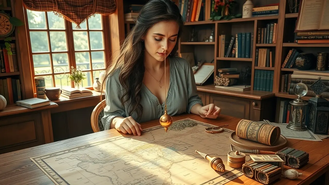 Mulher praticando radiestesia com pêndulo.