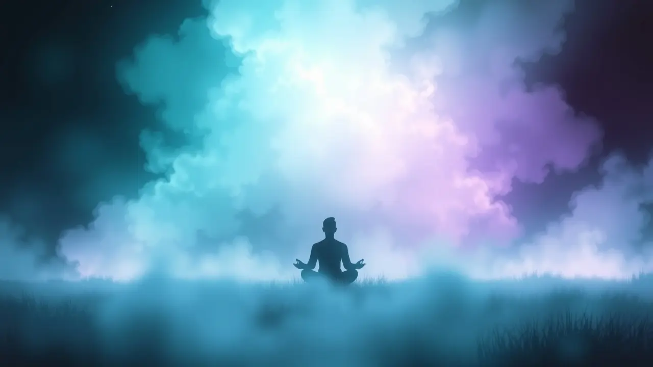 Pessoa meditando sob luzes etéreas representando radiação em sonho.