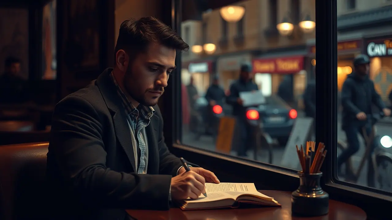 Significado de Sonhar com Raduan Nassar: Uma Análise Profunda Raduan Nassar escrevendo em um café.