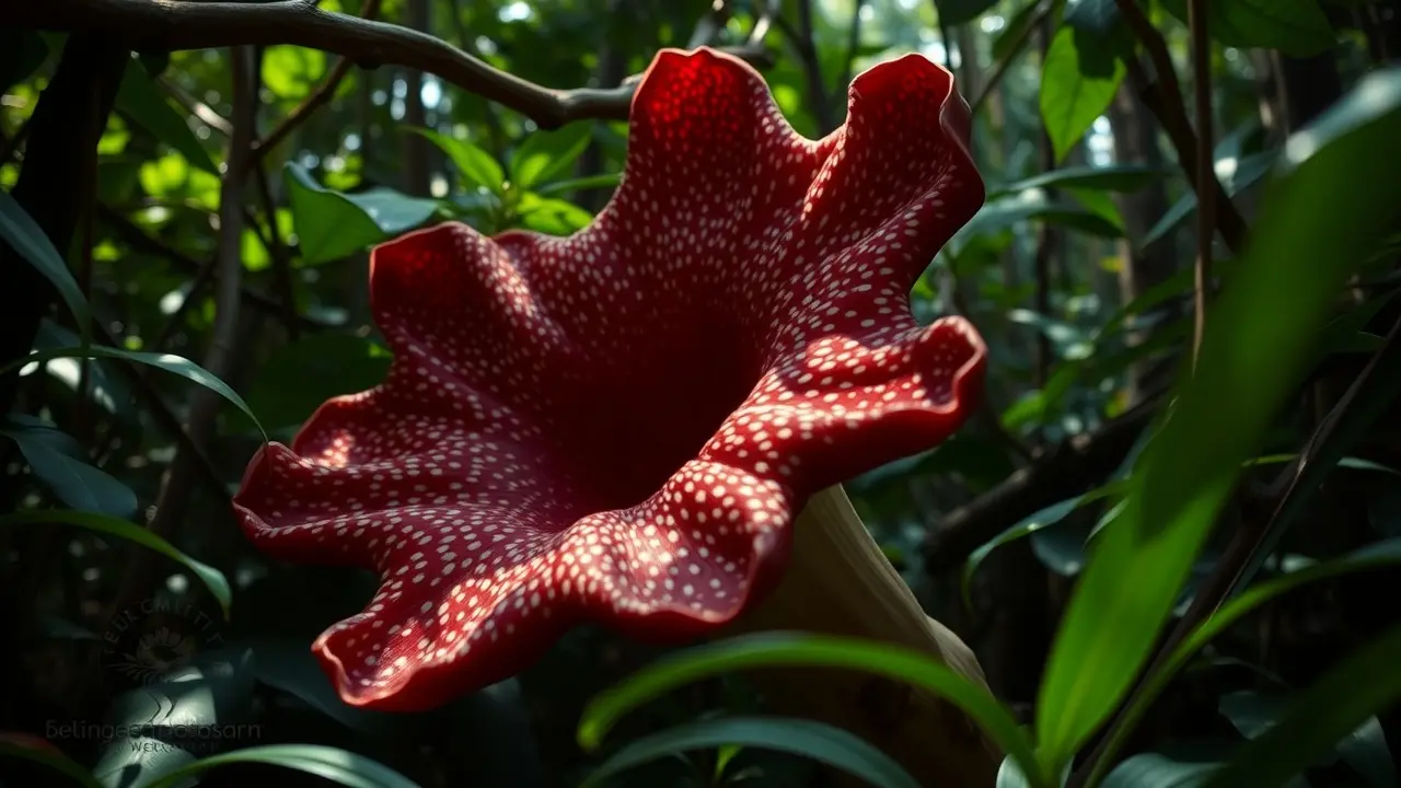 Rafflesia gigante em tons avermelhados.