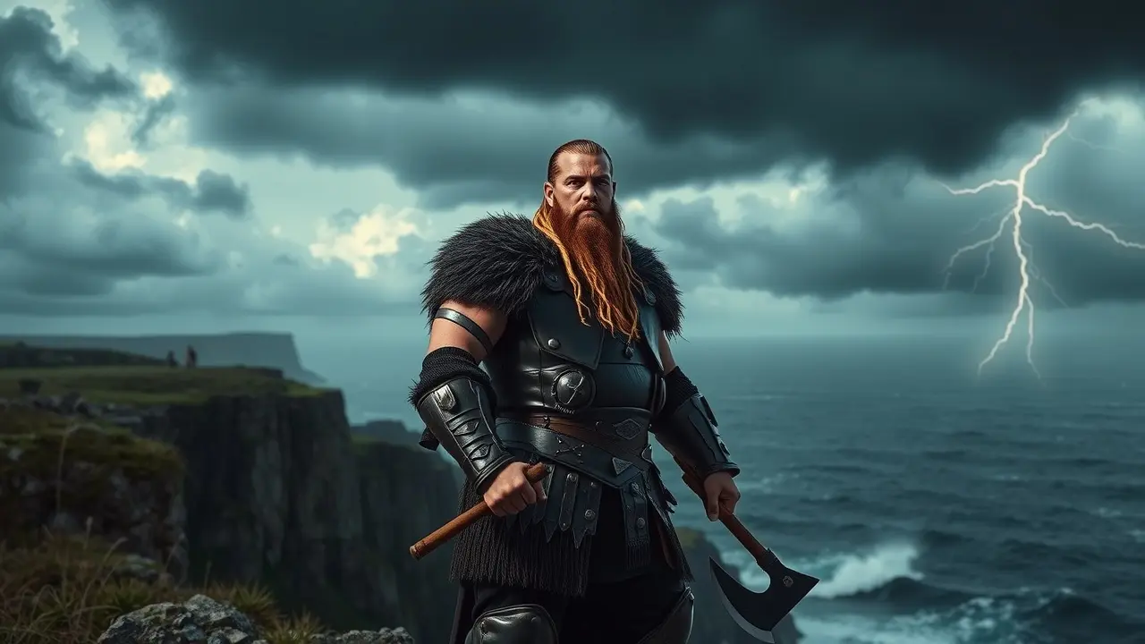 Sonhar com Ragnar Lothbrok: Desvende os Significados Ocultos Ragnar Lothbrok em pé na beira de um penhasco durante tempestade.