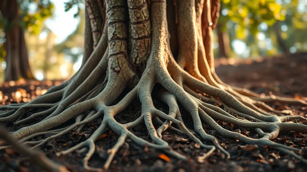 Raízes fortes e interconectadas emergindo da terra