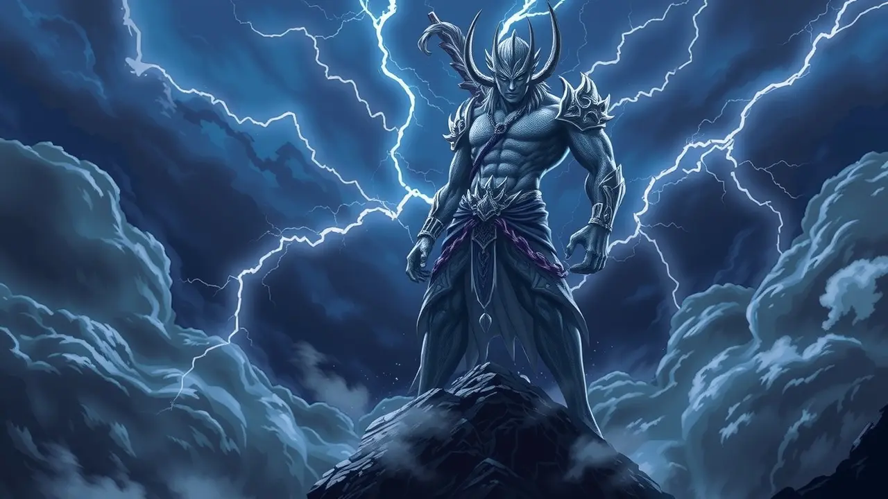 Sonhar com Raiden: Desvende os Significados e Simbolismos Raiden, Deus do Trovão em meio à tempestade.