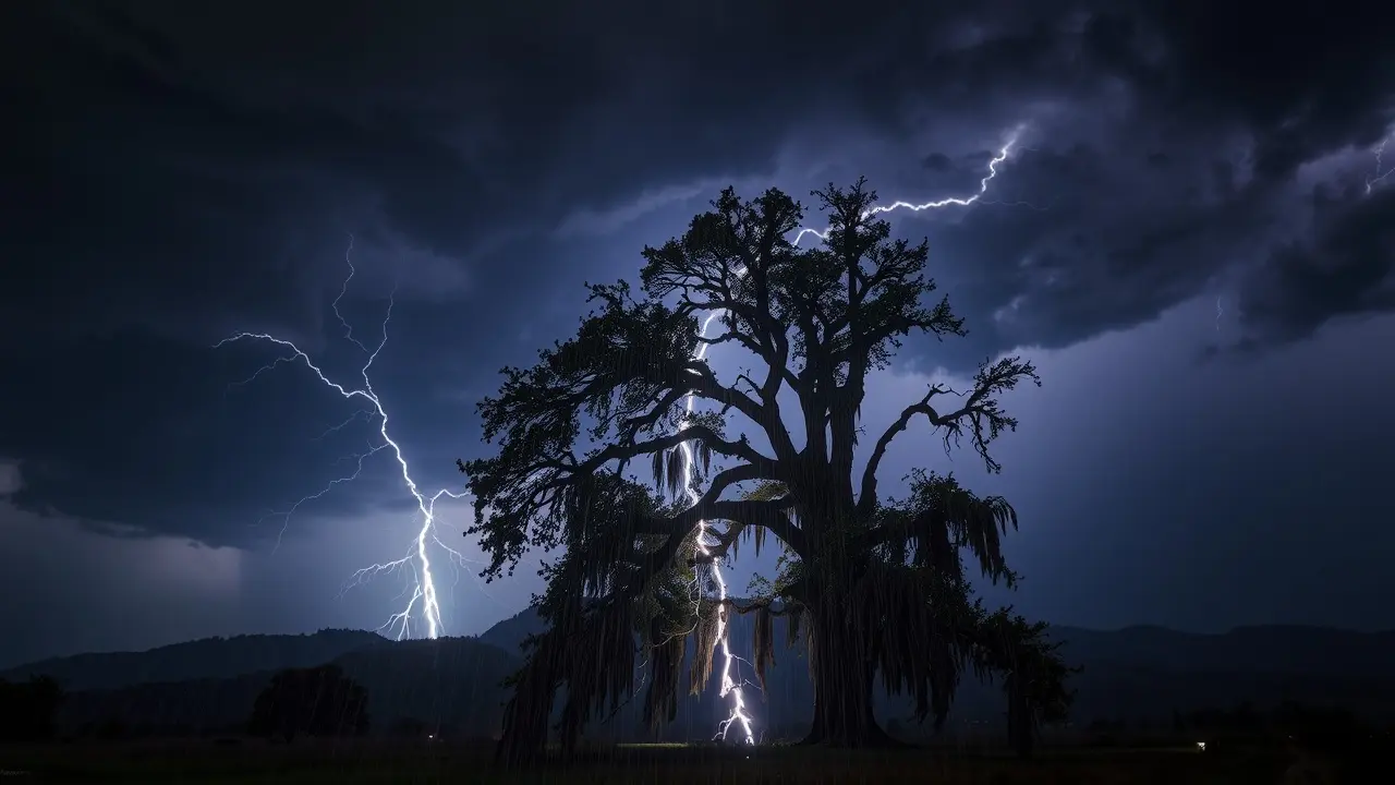 Raio atingindo árvore durante tempestade