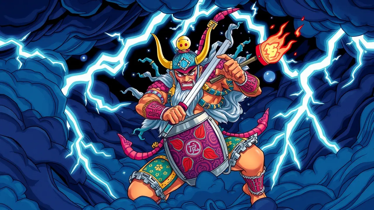 Sonhar com Raijin: Desvende os Significados Ocultos! Raijin, deus do trovão em meio a tempestade.