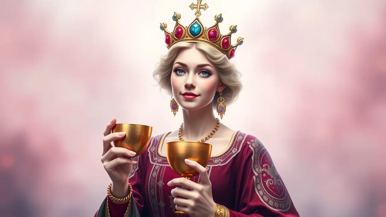 Rainha de Copas com cálice dourado.