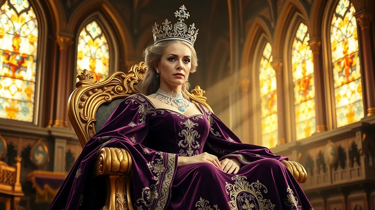 Significado de Sonhar com Rainha: Decifre os Símbolos e Mensagens! Rainha majestosa sentada em trono dourado.