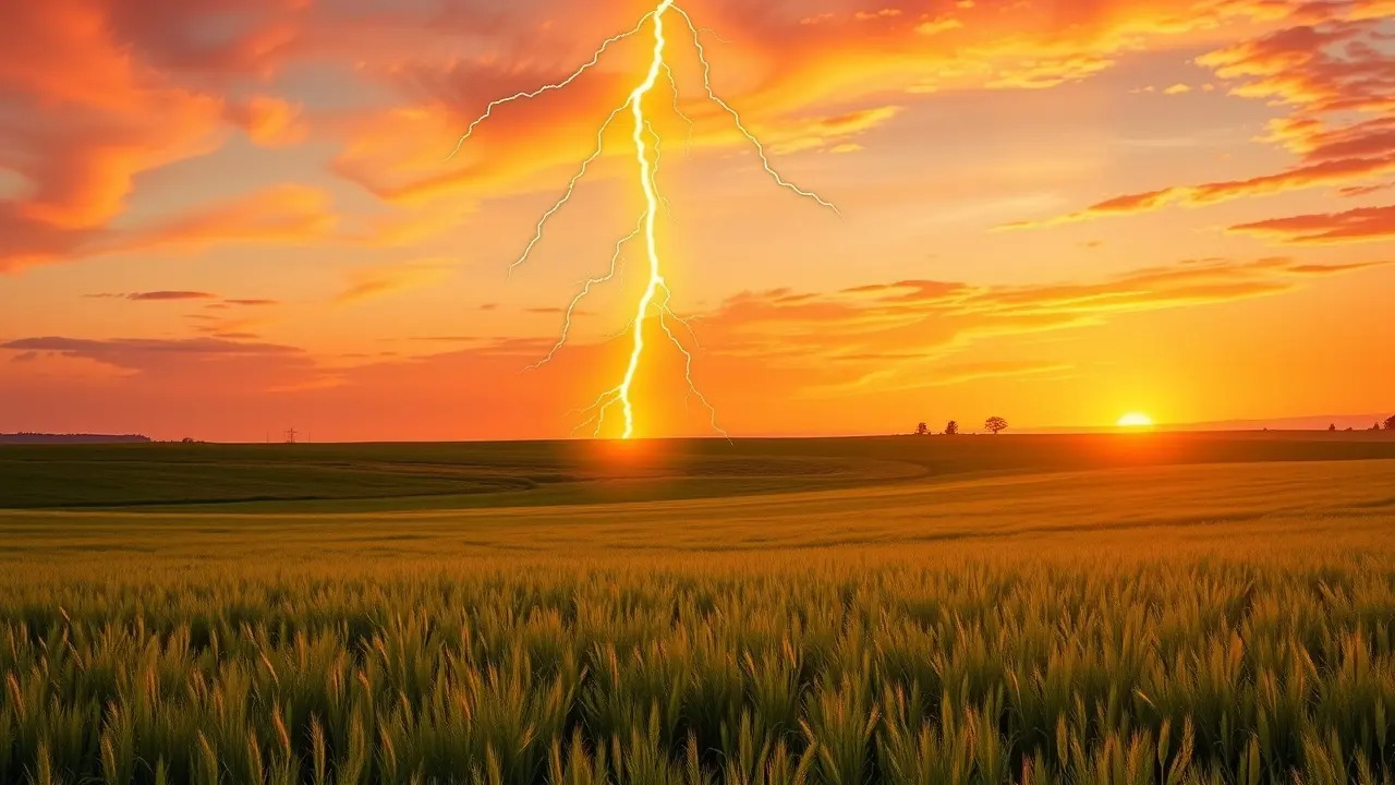 Sonhar com Raio Dourado: Desvende os Significados e Simbolismos Raio dourado iluminando campo verde ao pôr do sol.