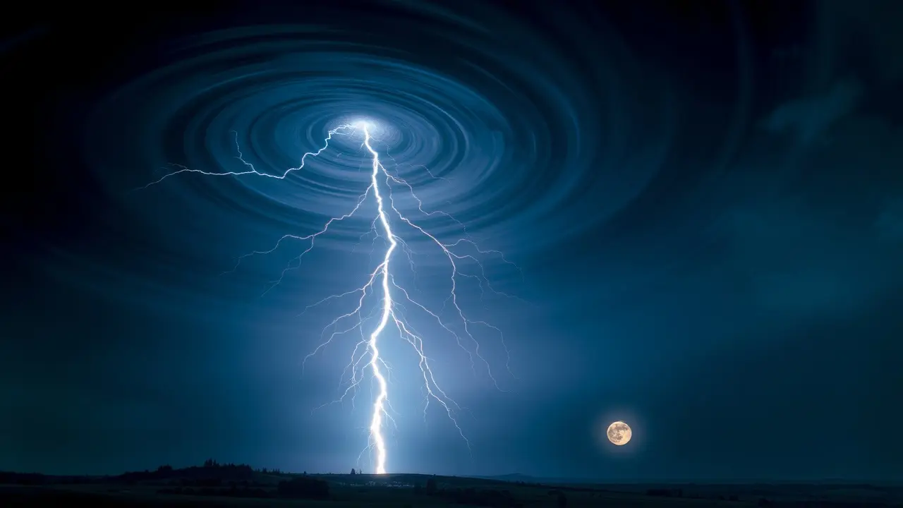 Raio prateado iluminando a noite.