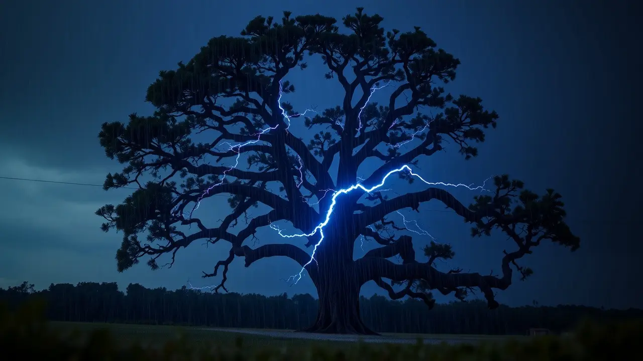 Raio atingindo árvore em noite de tempestade