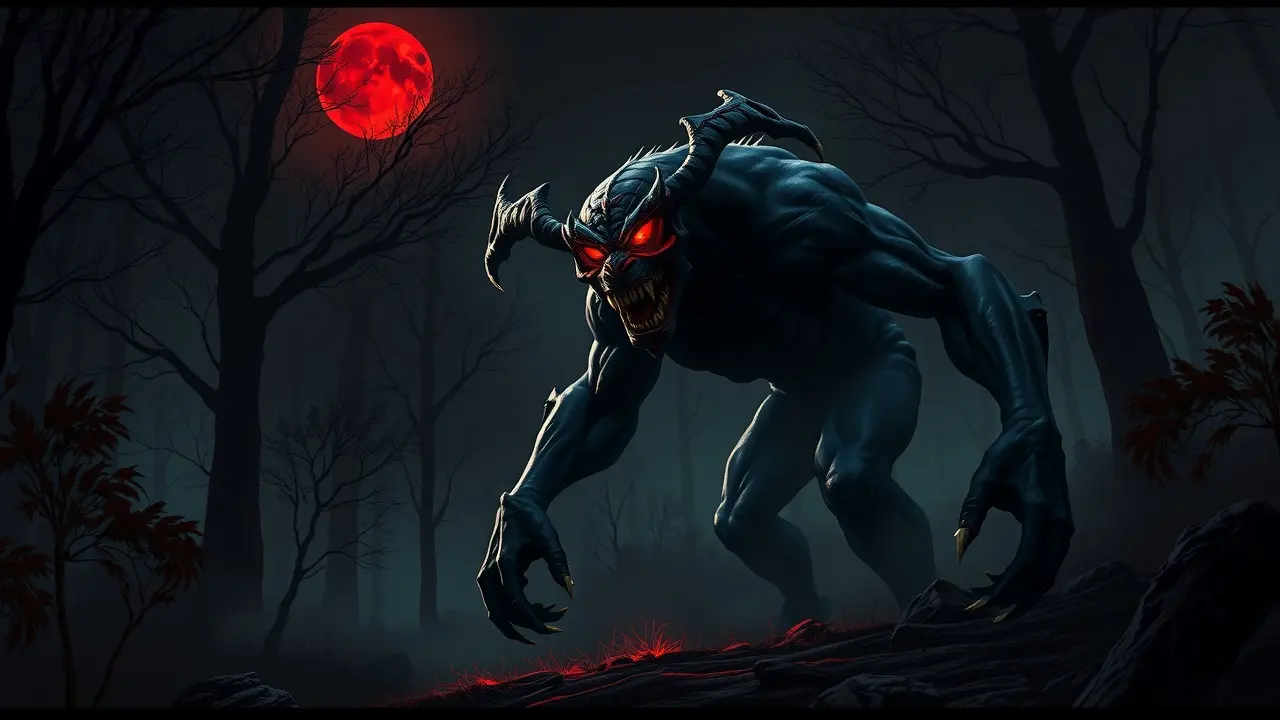 Sonhar com Rakshasa: Desvende o Significado Oculto Rakshasa assustador em floresta escura