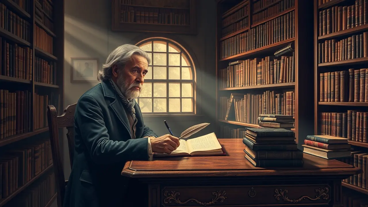 Homem idoso escrevendo em biblioteca antiga