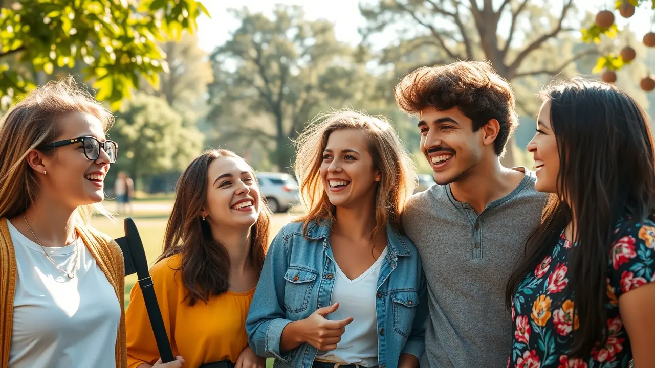 Grupo de jovens sorrindo em um parque ensolarado