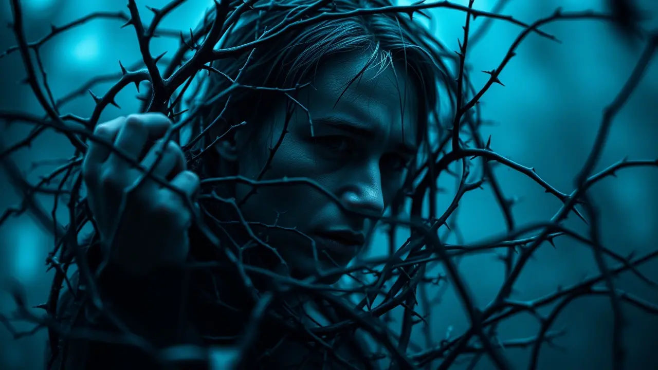 Sonhar com Rape: Desvende os Significados Ocultos Mulher aprisionada em vinhas, representando vulnerabilidade.