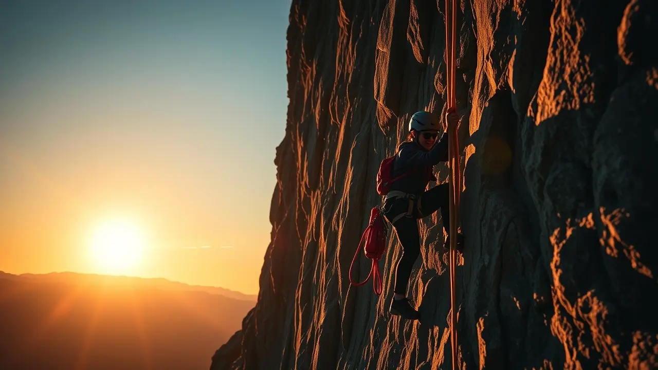 Pessoa praticando rapel ao pôr do sol