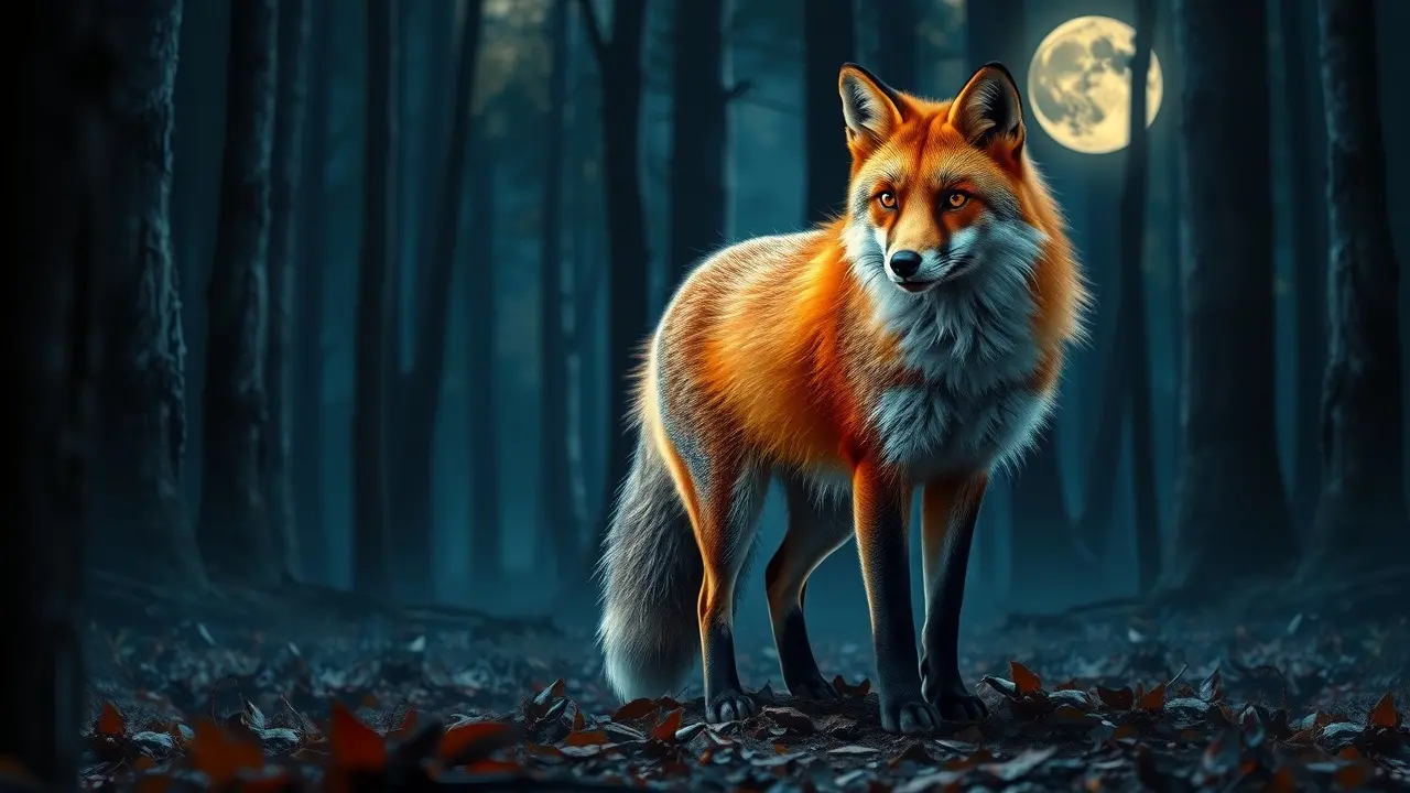 Raposa vermelha na floresta sob a luz da lua