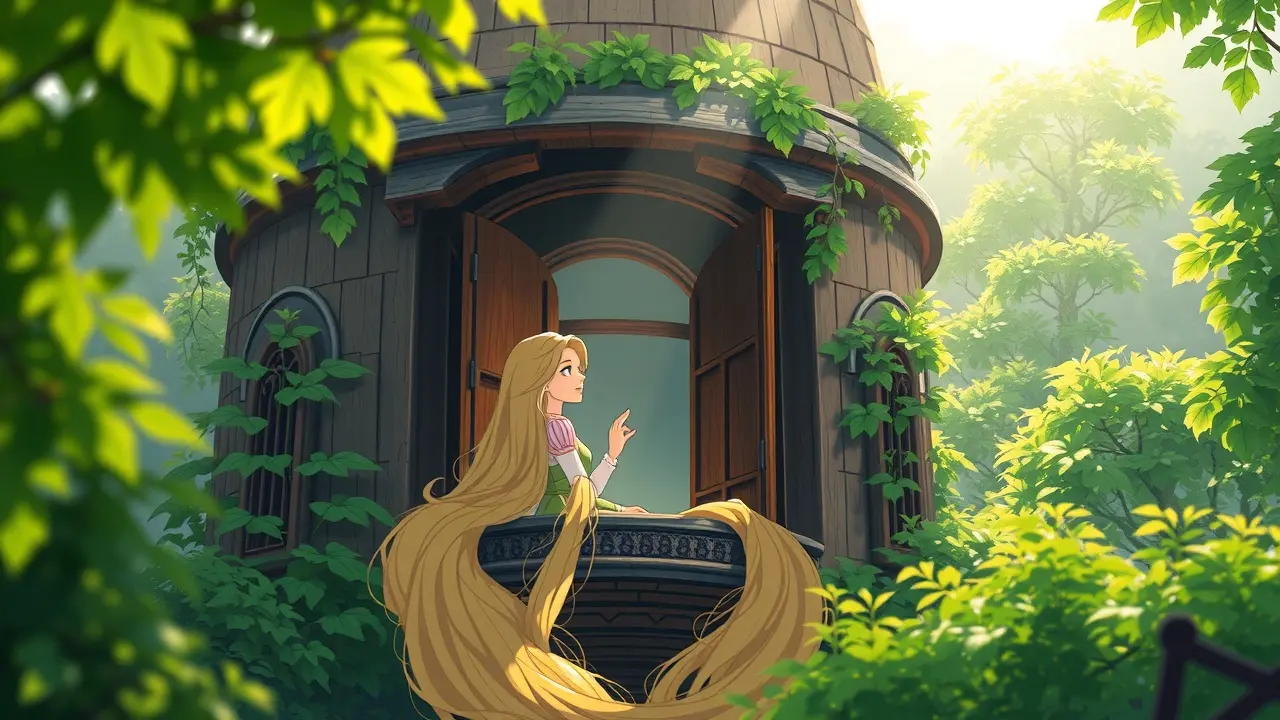 Rapunzel na torre com longos cabelos dourados.
