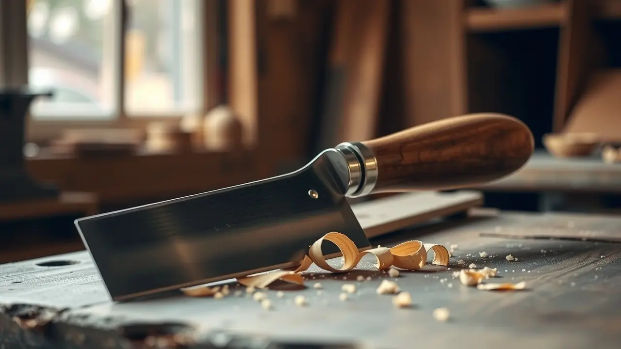 Raspador metálico em bancada de madeira.