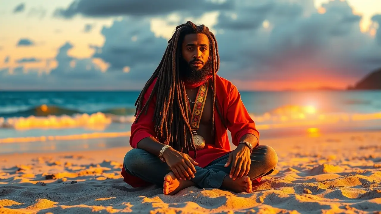 Significado de Sonhar com Rastafari: Interpretações e Simbolismos Homem rastafari sereno na praia ao pôr do sol