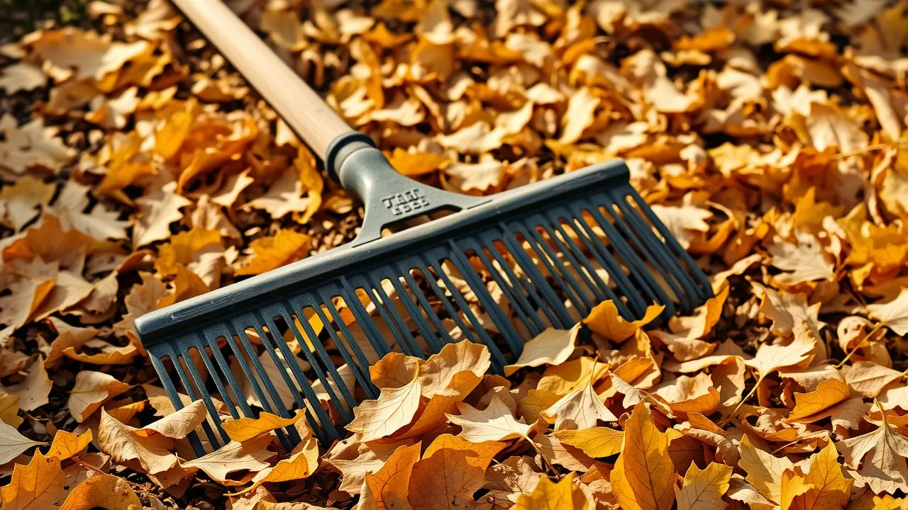 Rastelo sobre folhas de outono.