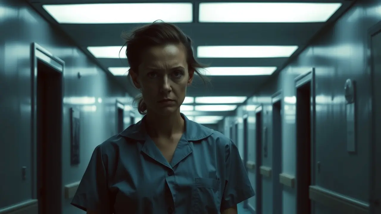 Enfermeira Ratched em corredor de hospital sombrio.