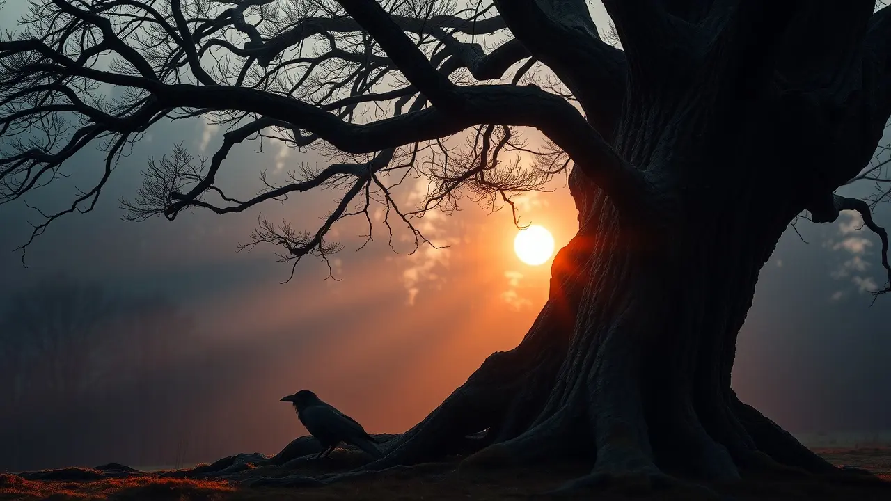 Corvo empoleirado em árvore ao entardecer