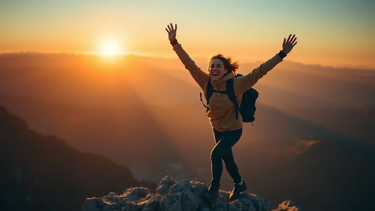 Pessoa no topo da montanha, amanhecer, sucesso.