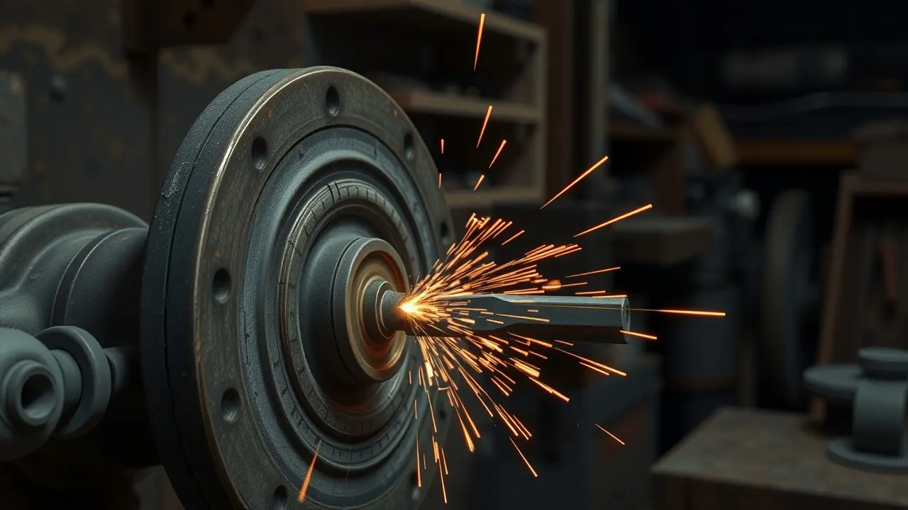 Rebolo afiando ferramenta em oficina.