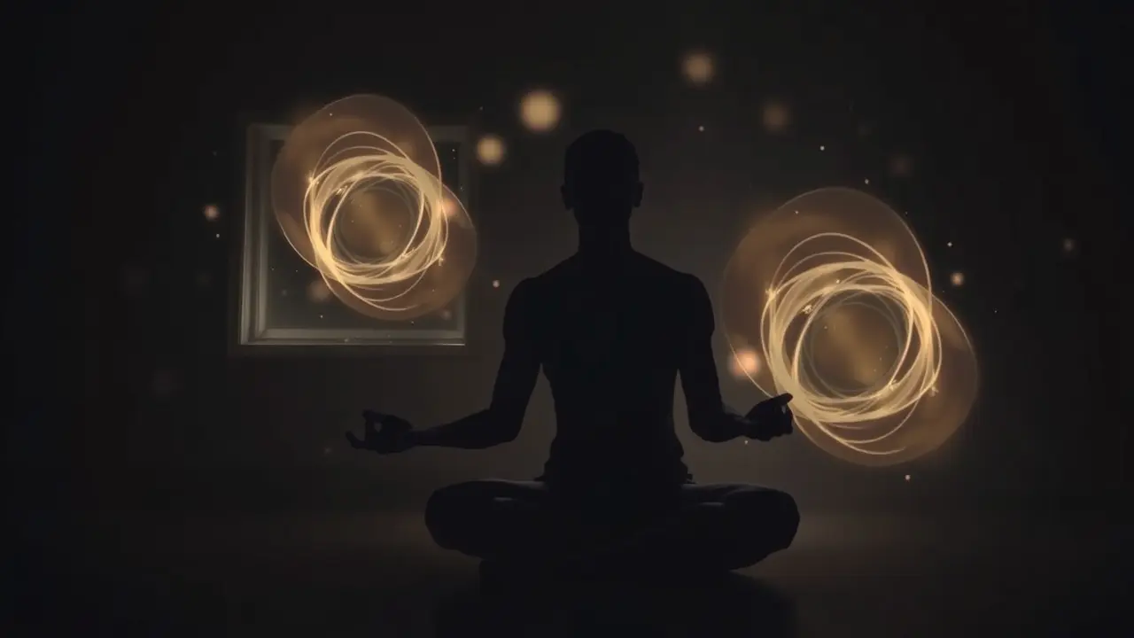 Pessoa meditando rodeada por memórias luminosas.