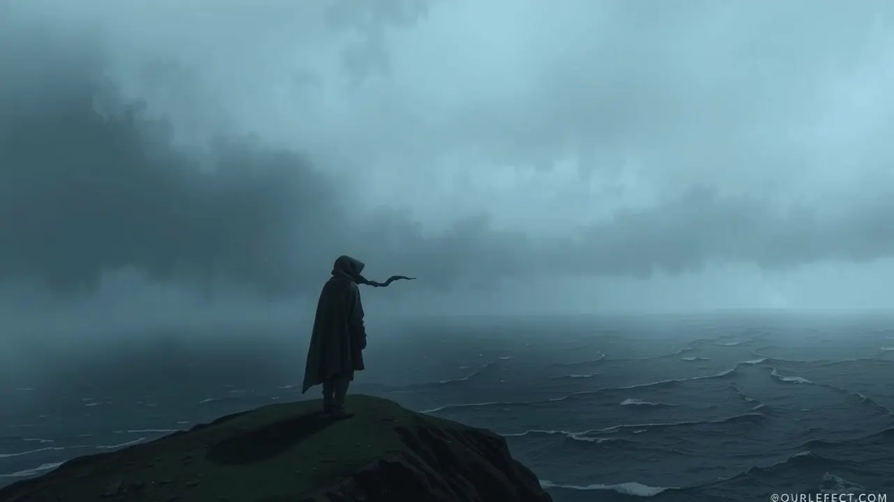 Pessoa contemplando mar tempestuoso com receio