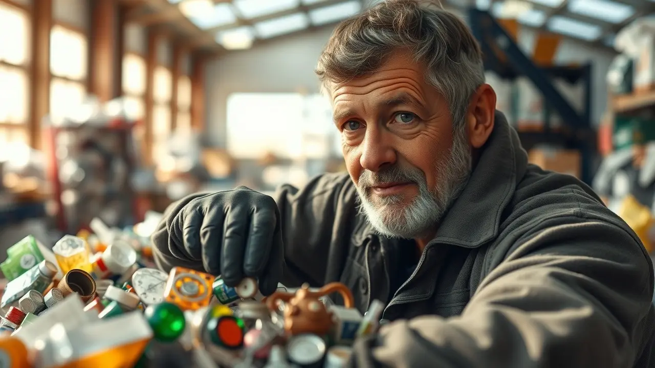 Reciclador trabalhando em centro de reciclagem