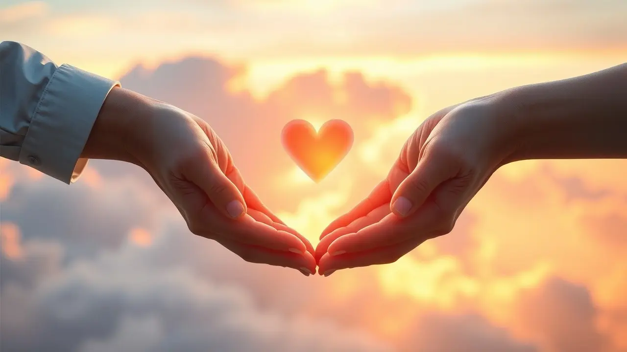 Mãos trocando um coração brilhante simbolizando reciprocidade.