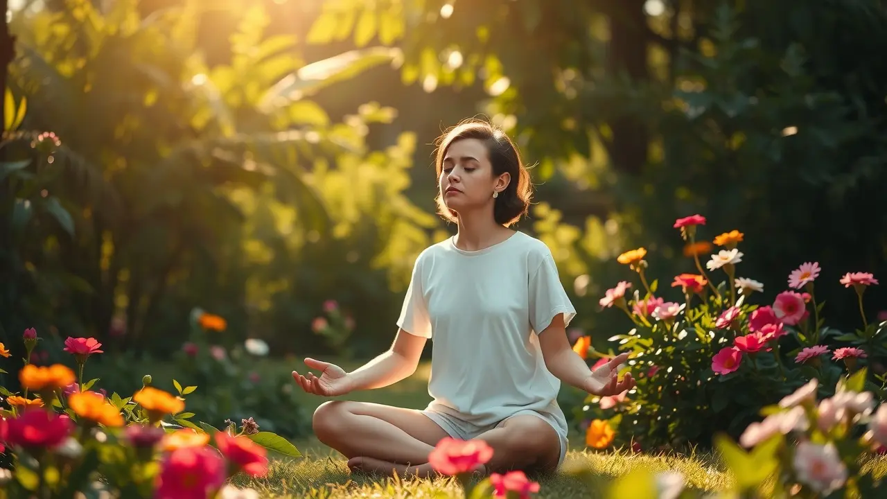 O Significado Profundo de Sonhar com Recolhimento Pessoa meditando em um jardim ensolarado, representando recolhimento.