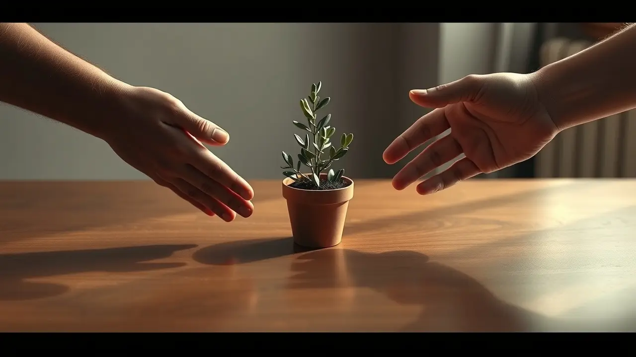 Mãos se reconciliando com ramo de oliveira.