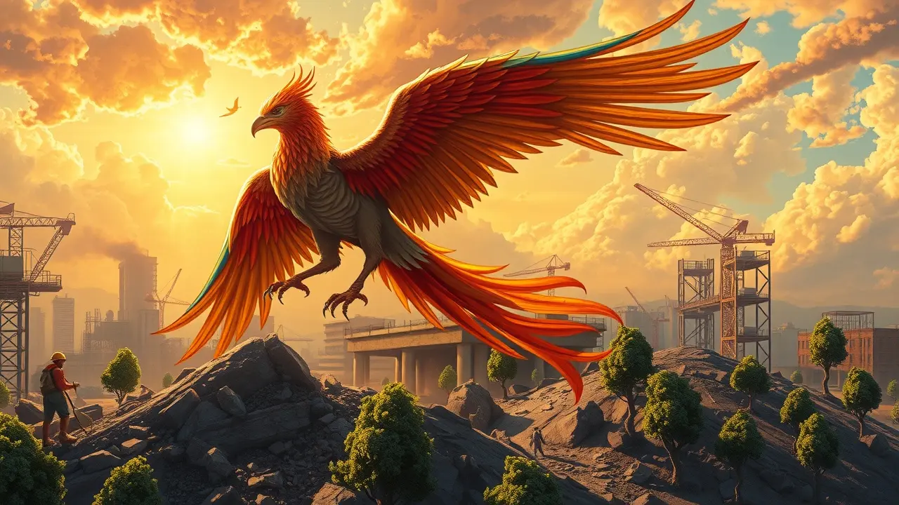 Sonhar com Reconstrução: Descubra o Significado e as Implicações Fênix renascendo em paisagem de reconstrução.