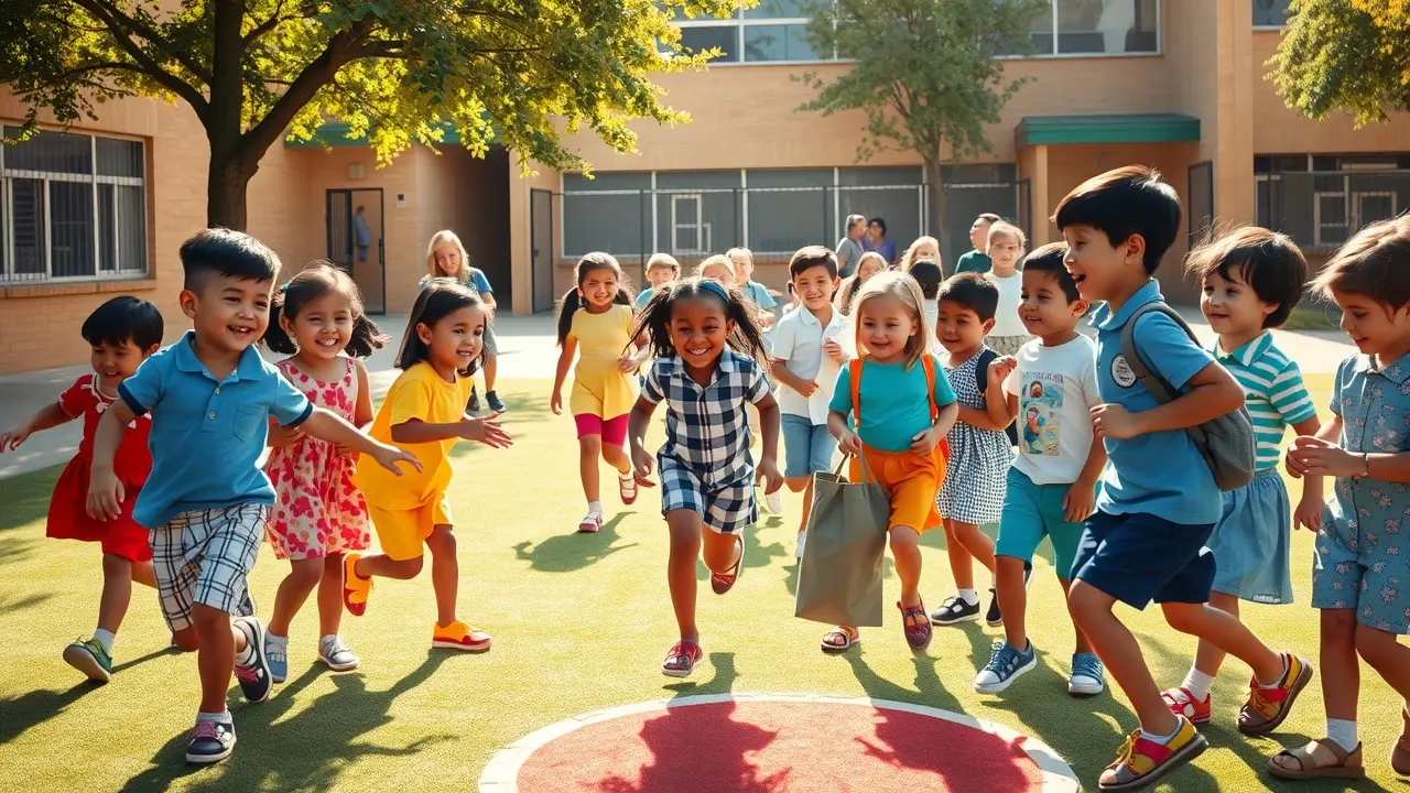 Crianças brincando alegremente no recreio da escola.