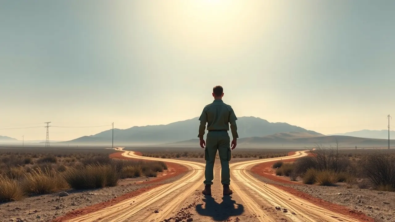 Recruta em encruzilhada, simbolizando novas escolhas e desafios.