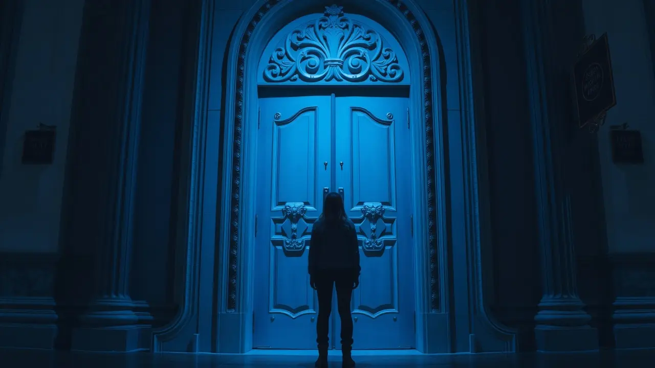 Pessoa hesitante diante de uma porta fechada, simbolizando medo da recusa.