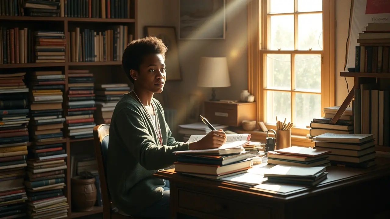 Pessoa escrevendo à mesa, luz suave.