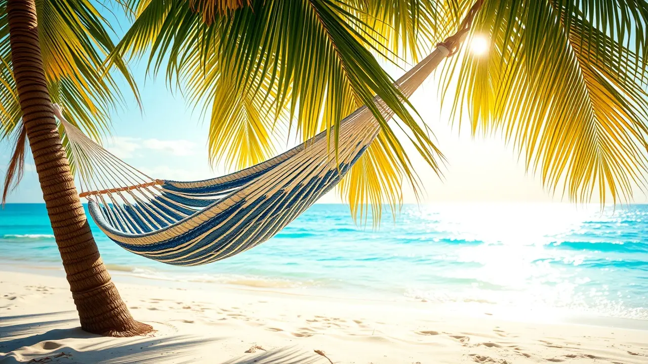 Rede de descanso na praia, simbolizando relaxamento e tranquilidade