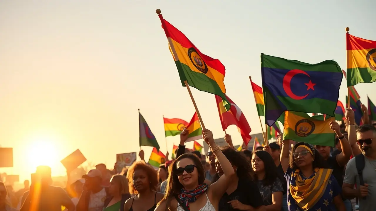 Pessoas marchando por liberdade e igualdade.