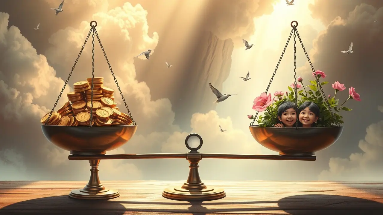 O Significado Profundo de Sonhar com Redistribuição: Uma Análise Detalhada Balança equilibrada com moedas e plantas, simbolizando redistribuição.